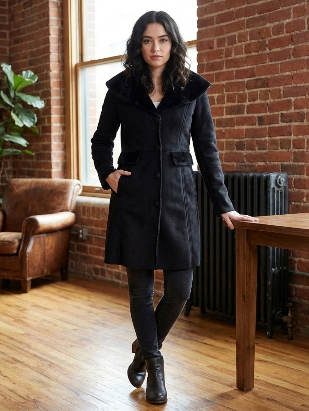Arden B. Faux Suede Leahter Black Feminine Bussines Casual Long Coat w/ Pockets